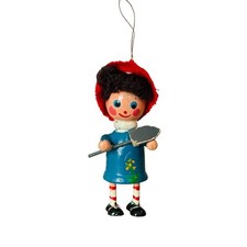 Vintage Little Miss Muffet holding spade nursery rhyme wood Christmas ornament picture