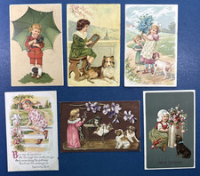 6 Children w Dogs & Cats Greetings Antique Postcards. EMB. Flowers. Colorful picture