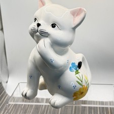 Vintage White Ceramic Cat Coin Bank Hand Painted Floral Glossy 7