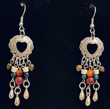 Silver Etched Heart Pierced Wire Earrings Beads Classic Dangle Drop Tarnish BOHO picture