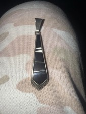 vintage NAVAJO signed CALVIN BEGAY onyx MOP STERLING silver NA bail & pendant 2” picture
