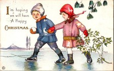 Vintage 1916 Christmas Postcard Children Ice Skating Winter Scene picture