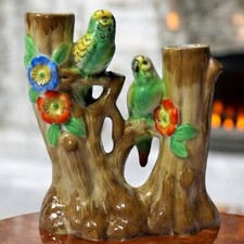 Parakeet Candle Holder Bird Tree Trunk Taper Candlestick Japan 6