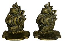 Brass Ship Themed Bookends - Set of 2 - Nautical Clipper Tropical Vintage MCM picture