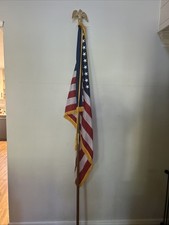 80’s American Flag w/ Gold Fringed 3x5 Feet with hardwood 10' pole w/brass Eagle picture