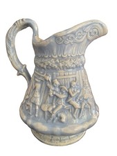 Vintage 1972 Blue White Relief Ceramic Pitcher Tavern Hunting Scene B Shives. picture
