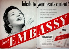 Vintage 1950s Embassy Cigarettes Ad Woman Smoking Longer King Size picture