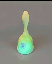 Vintage Fenton Uranium Satin Custard Glass Bell Signed Hand Painted Pink Flowers picture