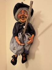 Vintage Kasma Witch Doll Hanging Flying w/Broom Figurine Porcelain Halloween 13