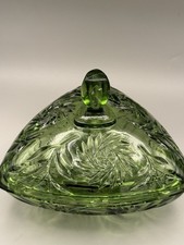 VTG Hazel Atlas Whirling Pinwheel Triangle Covered Candy Dish Avocado Green MCM picture