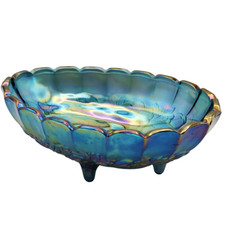 Vintage Indiana Blue Carnival Glass Footed Fruit Bowl Iridescent Harvest Grape picture