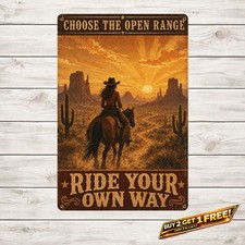 Cowgirl Riding Horse Sign Vintage Western Equestrian Metal Tin Wall Art picture