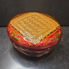 Vintage Hand Painted Red & Gold Laquered Parat Serving Bowl With Woven Weave  picture