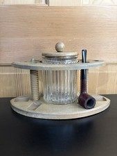 Vtg Dun-Rite Wooden 6 Pipe Rack Stand & Ribbed Glass Tobacco Humidor Jar NY picture