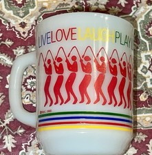 VTG 1980’s Anchor Hocking Milk Glass Tennis Mug “ LiveLoveLaugh” Nice picture