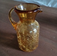 Vintage Mini 4” Hand Blown Amber Crackle Glass Handled Pitcher. Excellent Cdn picture