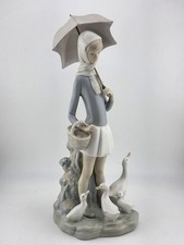 Lladro Figurine GIRL WITH UMBRELLA BASKET FEEDING DUCKS  #4510 Retired picture