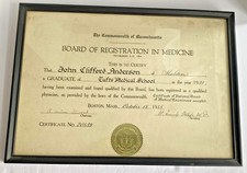 1945 Massachusetts Medical License John Clifford Anderson Tufts Medical School picture