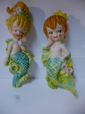 VINTAGE 1950'S  PAIR OF MERMAID WALL PLAQUE  MADE IN JAPAN picture