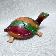 Vintage Hand Carved Wood Turtle Figurine Multi Color Painted Folk Art Decor 6in picture