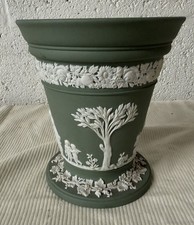 VINTAGE WEDGWOOD OLIVE GREEN JASPERWARE TRUMPET VASE – NEOCLASSICAL IMAGERY picture
