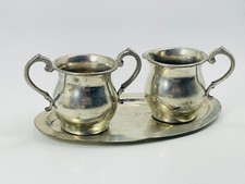 Vintage Old Colonial Pewter Co Creamer & Sugar Set Horse & Carriage w/ Tray picture