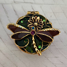 Monet Gold Tone Hinged Dragonfly Floral Trinket Box Green Enamel Rhinestones picture