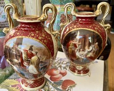 Pair Antique 19th Royal Vienna Signed Hand-Painted Porcelain Vases picture