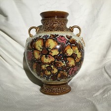 Vtg Hand Painted Pottery Glazed Brown Embossed FLORAL Double Handles 10
