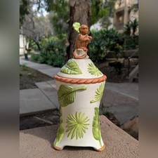 American Atelier Porcelain Monkey Cookie Jar Palm Trees Discontinued 13.25