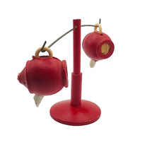 Vintage Hanging Salt & Pepper Teapot Shakers Mini Red Wooden Balancing S&P picture