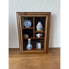 Vintage Oriental Wood Shadowbox Miniature Cobalt Blue & White porcelain Trinket picture
