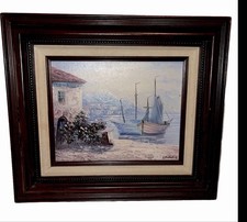 Vintage fun Paula Loomis Boats Harbor Oil Painting Framed  picture