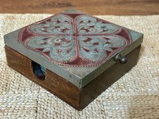 Vintage Decorative Wooden Box with Embossed Metal Tiles and Felt Lining picture