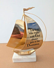 VTG Mid Century Metal Sailboat Marble Base Christian Verse Nautical Inspired picture