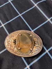 Vintage Western Belt Buckle Jasper Stone Please Medallion Mcm 1960s Old West picture