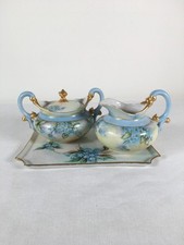 4pc Antique T&V Limoges Porcelain Cream & Sugar w/Lid & Serving Tray Blue Floral picture