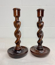 pair antique 19th century barley twist English wood candlesticks candle holders picture