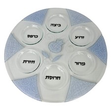 Unique Large Painted Glass Seder Plate for Passover Original Judaica Art Lt Blue picture