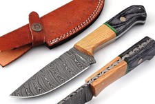 Damascus Rosewood Hunting Knife With Leather Sheath Sheath Forged Skinner Knives picture