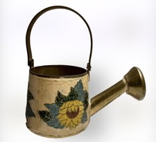 Vintage Brass Small Heavy Hand Painted Sunflowers Watering Can OOAK Rare Unique picture