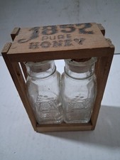 2 Vintage 1852 Brand Pure Honey 4 oz Bottles & Wooden Case  Advertising Ashippun picture