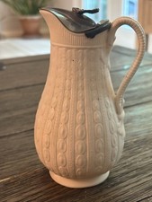 Antique Victorian Era Parian Stoneware Syrup Pitcher w/ Pewter Lid 6 1/8