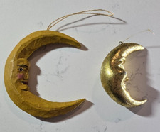 Vintage Style Crescent Moon Face Ornaments Set of 2 Gold Wood Celestial Decor picture