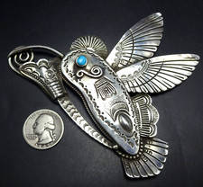 Huge ART TAFOYA Hand Stamped Sterling Silver HUMMINGBIRD Pin/Pendant TURQUOISE picture