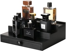 3 Tier Men's Cologne Organizer, Black Wooden Display Stand with Drawer Tiered picture