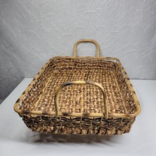 Handmade Braided Seagrass Tray Two Tone Woven Basket Cane Handles Boho Vintage picture