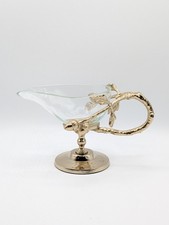 Gold Tone Branch Handle Glass Gravy Boat Sauce Server Elegant Table Decor 8.5” picture