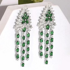 Elegance Luxurious Emerald & Diamond Long Dangler Earrings 14K White Gold Over picture