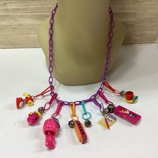 Vintage 1980s Plastic Bell Charm Necklace Pink W/ 8 Charms picture